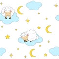 Seamless pattern cute sheep sleeps stars clouds moon moon vector illustration Royalty Free Stock Photo